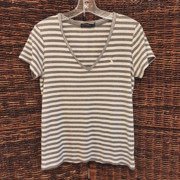 Polo Ralph Lauren Tee Shirt Womens Large Gray White Striped Preppy Pony Logo - Picture 1 of 7